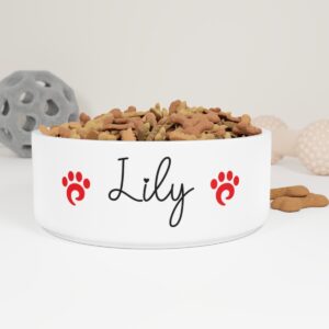 Lily Red Paw Print Ceramic Dog Bowl With Name, Simple Modern Cute Dog Bowl Made In USA, Dog Crate Water Bowl, Dog Treat Microwavable Dog Bowl, Custom Ceramic Dog Bowls, Best Dog Mom Gifts
