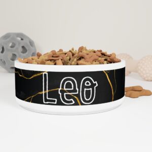Leo Gold Black And White Ceramic Dog Bowls With Name, Chic Stylish Fancy Modern Dog Bowl, Gifts For Dog Owners, Great Dane Dog Bowls Made In USA, Water Bowl For Dog Crate, Dishwasher Safe