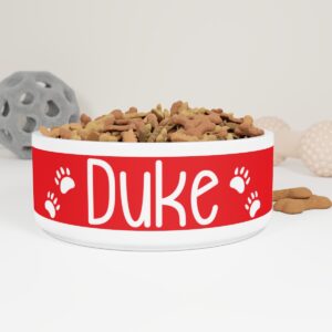 Duke Red And White Dog Bowl With Name, Paw Print Dog Bowls, Custom Dog Water Bowl, Ceramic Untippable Personalized Dog Bowls Made In USA, Best Gifts For Big Dogs, Dishwasher Safe